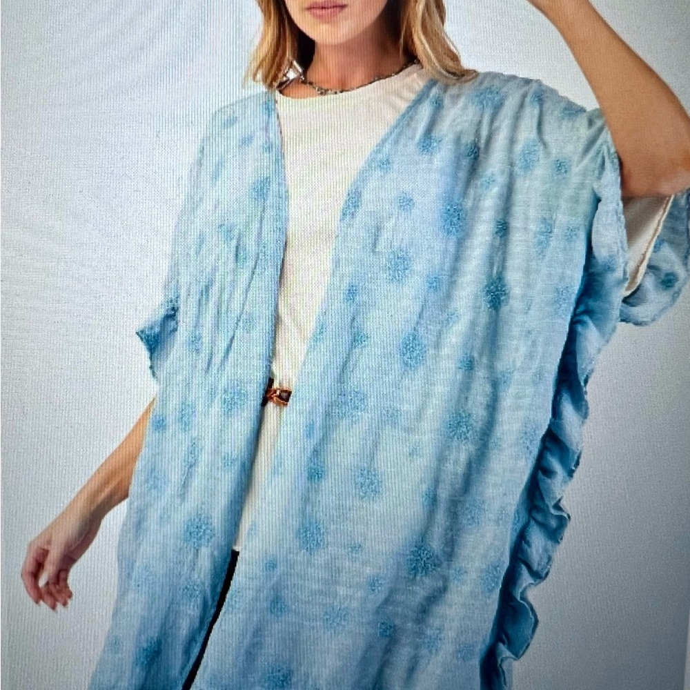 Easel Blue Oversized Short Sleeve embroidered Kimono NWT